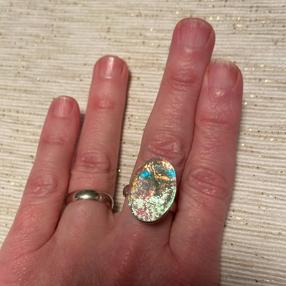 Modern Sterling Silver & Dichroic Glass Ring heavy size 7 Vintage